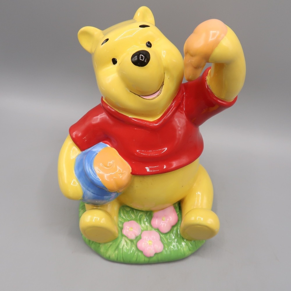 Winnie the Pooh Coin Bank Disney Enesco Ceramic Red Shirt Hunny Pot Flowers 7 in